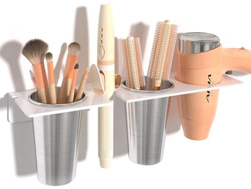 PITBVO Hair Tool Organizer, Wall Mount Hair Dryer Holder with 2 Stainless Steel Cups, Acrylic Styling Tools Organizer, Bathroom Organizer for Curling Wand iron Curling Straighteners