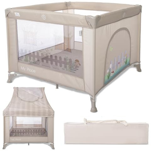 Lorelli Baby Laufstall My Place mit Dach, kleiner Laufgitter 100x100 cm, Absperrgitter mit atmungsaktivem Netz, Schutzgitter mit Reißverschlusstür, faltbarer Krabbelgitter, Beige