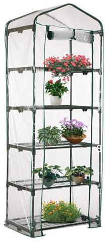 Copertura per serra piccola a 5 ripiani, 69 x 49 x 187 cm, impermeabile, trasparente, in PVC con porta arrotolabile, resistente, per coltivare verdure, fiori e piantine (telaio non incluso)
