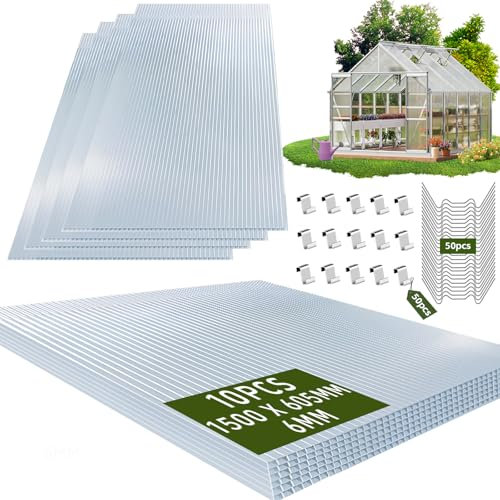 Warmfay 10x Polycarbonat Hohlkammerstegplatten 6mm, 1500X605mm Doppelstegplatten 9,07 m² mit 50x Klammern, Zuschneidbar Gewächshausplatte UV-beständigen für Gewächshaus Carports usw