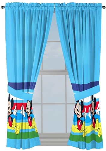 Sunny Side Up Window Curtains for Kids Bedroom 4-Piece Drape Set with 2 Tiebacks, Blue - Mickey Mouse, 42 W x 63 L (Pack of 2)