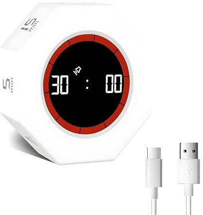 Cube Timer, minuterie de Rotation par gravité, Pomodoro Timer avec écran LED, Compte à rebours de 1-3-5-15-30-60-90 Minutes pour Studio, Bureau, Cuisine, Bureau - Blanc