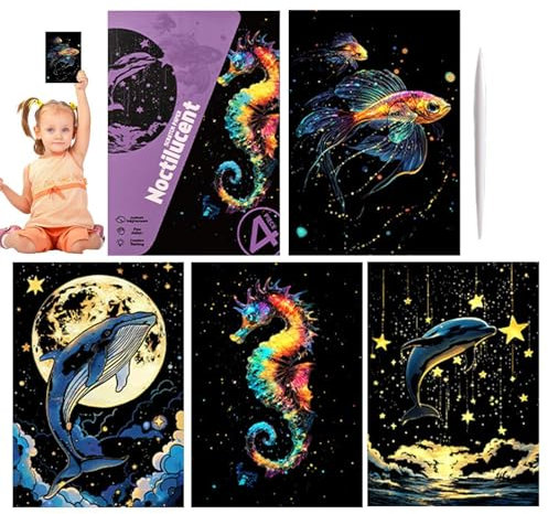 4 X Kunst-Kratzbilder Für Kinder, Handgefertigte Glitzer-Kratzpapier-Bastelartikel, Kreativbedarf, Malvorlagen Im A4-Format, Landschafts- Und Tier-Graffiti-Karten, Spielzeug, Kunstprojekte