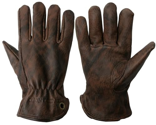 OLSON DEEPAK Retro Braun Leder Arbeitshandschuhe für Schnitt/Motorrad/Bauernhof, Rindsleder Arbeitshandschuhe mit verblasstem Effekt für Männer (Braun-03, M)