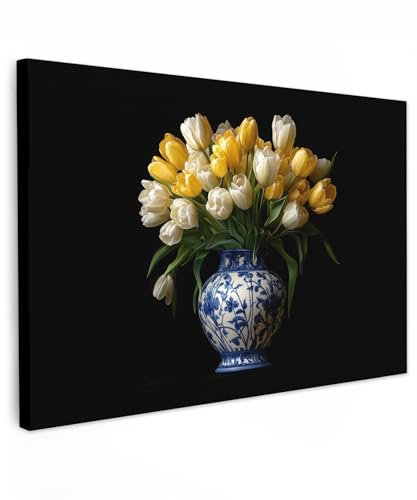 MuchoWow© Leinwand Bilder Groß 120x80 cm XXL Wanddeko Wohnzimmer Aesthetic Room Decor Deko Zimmer Wandbilder Modern Bild auf Leinwand Gelb - Tulpen - Vase - Blumen