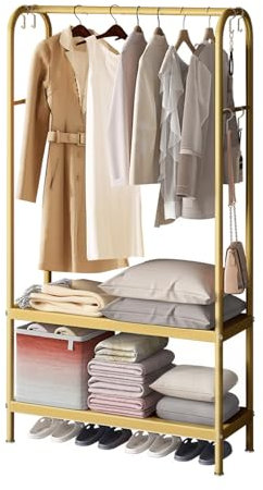 Zstar Porte-vêtements en métal à suspendre les vêtements - Sur pied avec 2 étagères à 2 niveaux - 6 crochets - Pour magasin, chambre à coucher, dressing - 80 x 33 x 172 cm - Doré