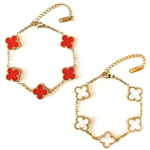 RHQFDM 2 Stück Schmuckstück,18K Vergoldet Edelstahl Schmuck,Damen Armband,Schmuckset für Damen und Mädchen(Rot+Weiß)