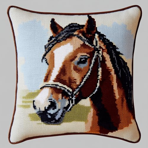 Henypt Latch Hook Cushion Set, Latch Cushion Set for Beginners Adults, DIY Knüpfteppiche & Knüpfkissen 43x43cm(Tier Pferd)