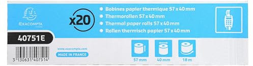 Exacompta - Réf. 40751E - Carton de 120 bobines pour tickets de carte bancaire - largeur 57mm x diamètre 40mm - mandrin 12mm - 1 pli thermique 55g/m² sans BpA - Métrage (+ ou - 2m) : 18 m - Blanc