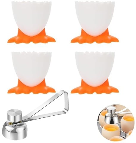 4 Egg Cups, Novelty Egg Cups with Stainless Steel Egg Opener, for Soft Boiled Eggs and Raw Boiled Eggs Brunch, Fun Kitchen Accessories (Orange)