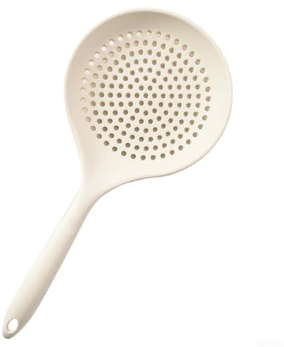 Silicone Skimmer Spoon Colander with Long Handle Heat Resistant Large Strainer Mesh Drainer for Cooking Frying Hot Oil Pasta Vegetables and Noodles Kitchen Utensil Tool 14.4 Inch White Blue(White)