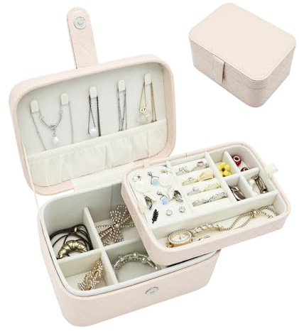 Boxudeli Schmuckkästchen, 2-Ebenen Schmuck-Organizer, Mittelgroße Reise Schmuckschatulle, Tragbare Schmuckaufbewahrungsboxen aus Kunstleder mit Argyle-Muster für Damen (Aprikosenbeige)