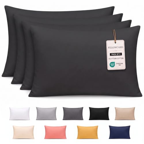 Pamposh 300 Thread Count 100% Egyptian Cotton Pillow Cases 4 Pack Breathable Ultrasoft Black Pillow Covers
