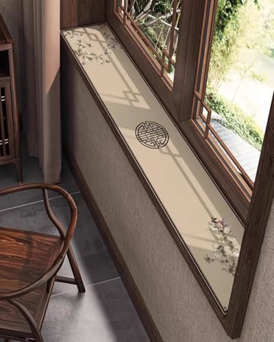 Fensterbank Innen Beiger Japanischer Fensterbankteppich mit Braunem Rahmen, Saugfähiges Kieselgur-Erkerfensterkissen Schnelltrocknend, Kratzfester Fensterbank-Schutz(160x22cm/63x9in)