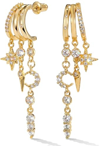 MUMREUES Ohrringe Gold 14 Karat Gold Vergoldet Ohrringe Ohrstecker Damen Stecker Der Stern Der Mond Hypoallergen Wasserfest Minimalistische Lang Ohrhänger Elegant Zirkonia Schmuck Geschenke