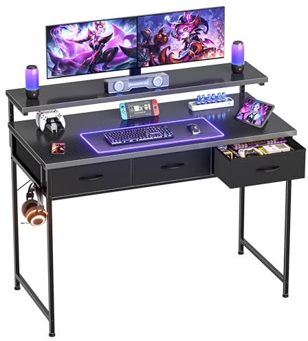 Gaming Desk with Adjustable Monitor Stand, 3 Storage Drawers, Black 100cm | Computer Office Desk with Headphone Hook, Carbon Fibre Surface, for Gamers, Workers and Students