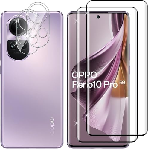 Lutree Cristal Templado para OPPO Reno 10 5G/ Reno 10 Pro 5G, 2+2 Piezas 3D Protector de Pantalla + Protector de Lente de Cámara, Dureza 9H HD Sin Burbujas Vidrio Templado Película Protectora