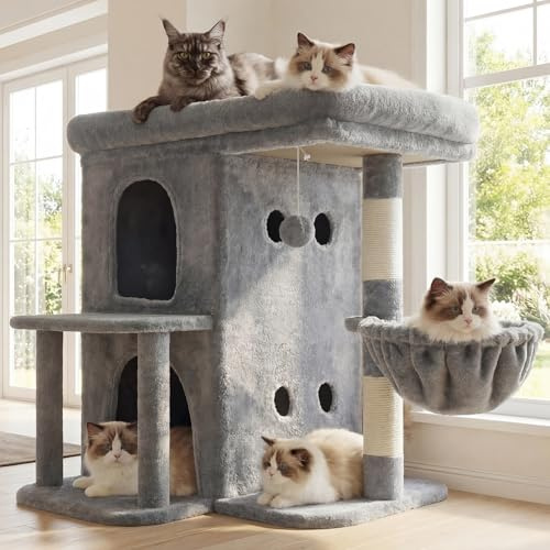 Heybly 65cm Cat Tree for Large Cats with Big Perch & Dual Condos HCT204SW | Spacious Cat Tower with Scratching Posts, Stair-Style Cat House Furniture with Cozy Basket & Pompom, Light Gray