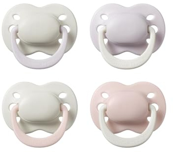 Tommee Tippee Schnuller für Neugeborene, 0–2 Monate, 4 Stück, Kieferorthopädischer Sauger, Zusätzliche Luftlöcher, Kleine Form, 100% BPA-freies Silikon, Helle Pflaume und Zuckerwatte