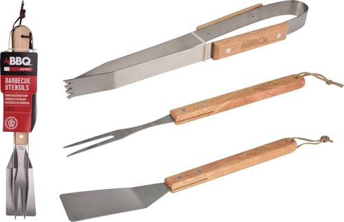 Set Ustensiles Barbecue 3 Pièces en Acier Inoxydable – Spatule, Pince et Fourchette – Accessoires BBQ (Manche Bois FSC)
