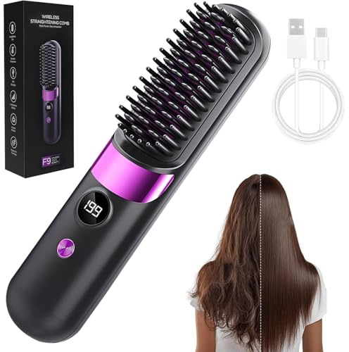 Glättbürste Kabellos, Haarbürste Elektrisch Damen Stylingbürste für Kurze Langes Haare Haarglätter Bürste Tragbare mit 4 Wärmestufen, Hair Straightener für Reisen Täglichen Gebrauch