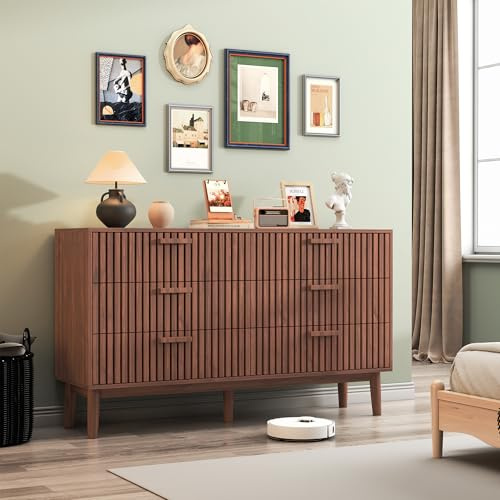 Holtrae Kommode mit 6 Schubladen aus Massivholz Stabilen Griffen und Füßen Modern Farmhouse Schubladenschrank 100x34x73 cm für Schlafzimmer Wohnzimmer Eingangsbereich (Walnuss)