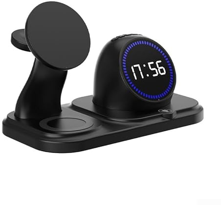 Base di ricarica wireless con sveglia RGB luce effetti ciclismo e altoparlante per iPhone 15 Pro Max e orologio (nero)