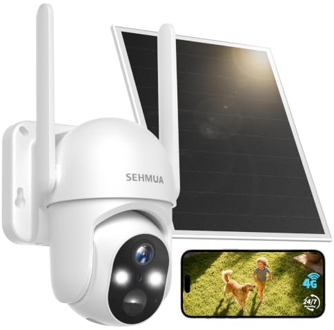 SEHMUA Telecamera con SIM 4G da Esterno con Pannello Solare senza Fili 24/7 | AOV Telecamera con Pannello Solare 7W, Rilevamento AI, Batteria 10400mAh, Visione Notturna a Colori, Audio Bidirezionale-eSIM