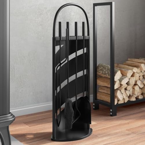 LoogCape Fireplace Companion Set of 5 Steel with Hooks, Tongs, Broom Shovel for Wood Fireplace, Stove, Swedish Stove, Pellet Stove, Fire Pit and Fire Bowl, Space Saving, Durable, Black, 66 cm High