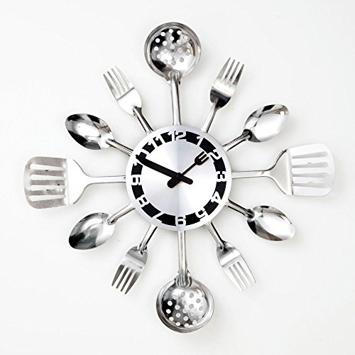 Bits and Pieces - Kitchen Utensil Clock - Silver-Toned Forks, Spoons, Spatulas Wall Clock - Contemporary Kitchen Décor, Unique Fun Gift