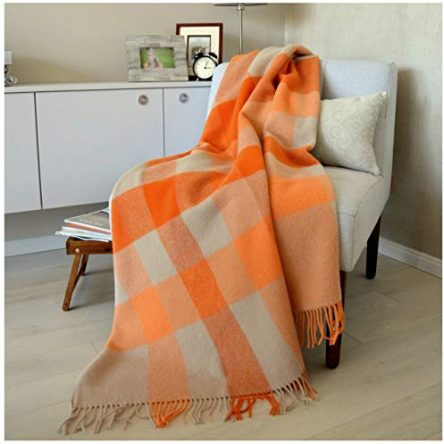 Linen & Cotton Couverture Chaude et Douce à Carreaux Devon - 100% Pure Laine de Nouvelle-Zélande, Beige Naturel Orange (140x 200 cm) Plaid Hiver Noel Femme Homme, Couvre-Lit, Jete de Canape