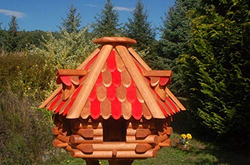 Deko-Shop-Hannusch Futterhaus/Vogelhaus mit Holzschindeln und Gauben Verschiedene Dachfarben und Solarbeleuchtung wählbar, V13, Farbe:V13 braun-rot mit Solar