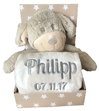 KIDDI-MEDIA Babydecke mit Name & Geburtsdatum Bestickt inkl. Plüsch Stofftier - Geschenk Taufe Geburt/CE-Zertifizierung (Beige/Weiss - Hund)