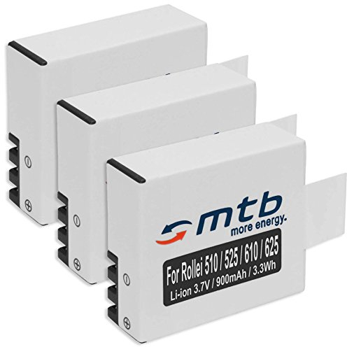 3X Ersatz-Akku für Rollei Actioncam AC 510, 525, 610, 625 [900 mAh / 3.7V / Li-Ion]