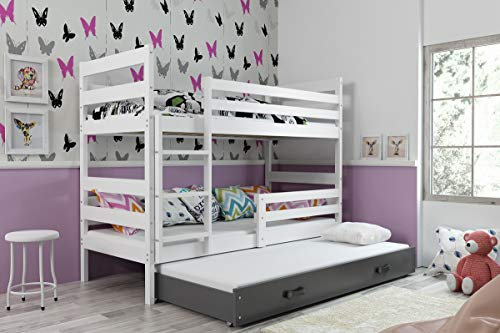 Interbeds Etagenbett Hochbett Eryk 3 (für DREI Kinder) 90x200cm Farbe: WEIß; Kinderbett mit Lattenroste und Matratzen (weiß + graue Schublade)