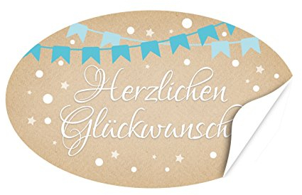 20 x ovale Etiketten Herzlichen Glückwunsch Karton Look - Format ca. 8 x 5 cm - Aufkleber, Sticker für Geschenke, als Dankeschön, zum Geburtstag