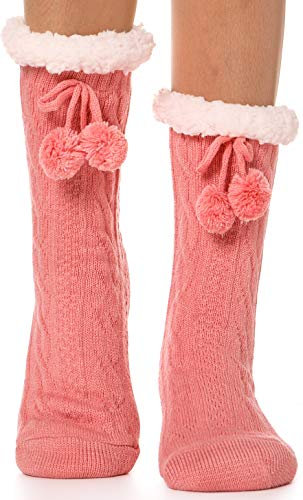 EBMORE Slipper Fluffy Socks for Women Cosy Fuzzy Cabin Winter Warm Soft Fleece Comfy Thick Stocking Fillers with Grips Gift Socks(Pink)
