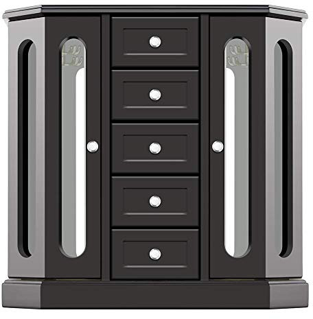 RR Schmuckkästchen mit rundem Design, aus massivem Holz, mit 5 Schubladen, Organizer und 2 getrennten Türen auf 2 Seiten und großem Spiegel, Schwarz 13.5 x 5 x 13.2 in Black-Cabinet