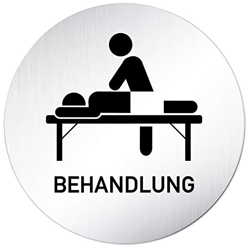 Kinekt3d Leitsysteme XXL Türschild • Ø 100 mm rund • Schild Behandlung + Liege Physio Massage • aus veredeltem Aluminium Vollmaterial (eloxiert) • geschliffene Edelstahloptik • 100% Made in Germany