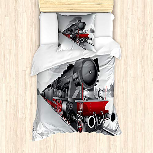 ABAKUHAUS Dampfmaschine Bettbezug Set für Einzelbetten, Bahnzug Kunst, Milbensicher Allergiker geeignet mit Kissenbezug, Grau Rot