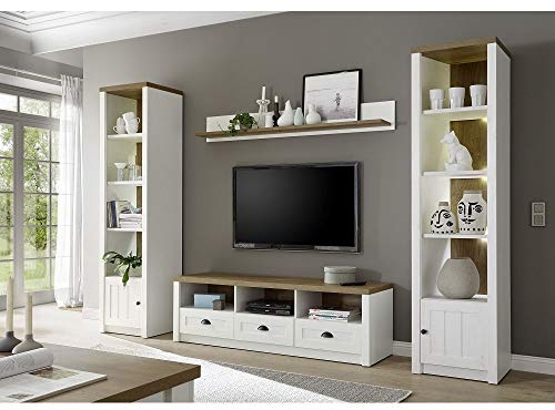 Lomadox Wohnwand im modernen Landhausstil in Pinie weiß und Eiche hell, inkl. LED-Rückwandbeleuchtung