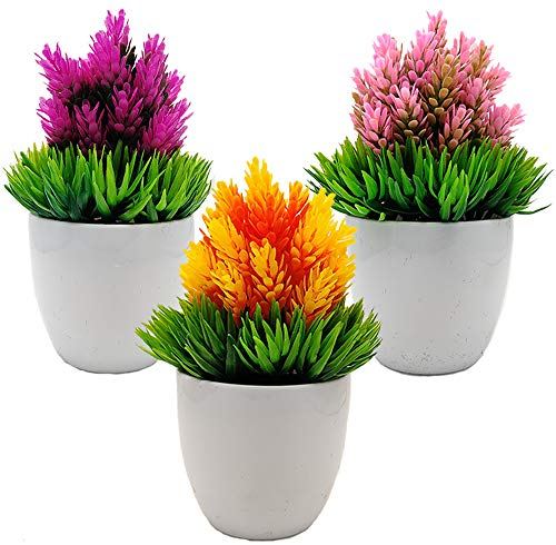 Aisamco 3 pièces Plantes artificielles en Pot Plantes en Plastique en Pot houblon Artificiel Fleur Herbe Verte Fleur Mini Plante Fausse avec des Pots Blancs pour la décoration de Bureau à Domicile