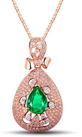 KnSam 18K Rose Gold Women Necklaces, Water Drop 3 Claws Pear Cut Green Emerald 1.68ct and 1ct Diamond Rose Gold