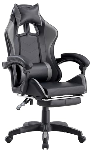 Brigros - Sedia da Gaming Racing Ergonomica Reclinabile con Braccioli, Poltrona Ufficio Girevole con Rotelle, Poggiapiedi, Poggiatesta e Cuscino Lombare in Similpelle, Portata: 125kg (Grigio)