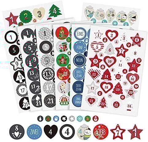8 x Adventskalender Zahlen Aufkleber - Multi-Größe Weihnachten Aufkleben für DIY Weihnachtskalender Ideen - 4 cm Sterne und Runde Weihnachtskalender zum Selber Basteln & Weihnachten