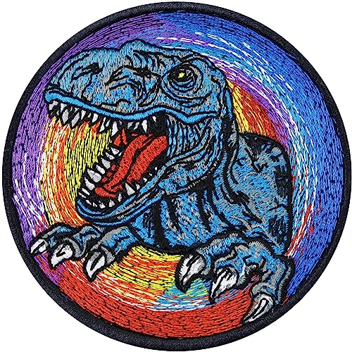 TYRANNOSAURUS REX Dinosaurier Aufnäher PREMIUM Indominus T-Rex DINO Sticker Regenbogen Aufbügler Kostüm Bügelbild zum annähen | Kinder Geschenk Jurassic Kuscheltier Applikation | 80x80mm