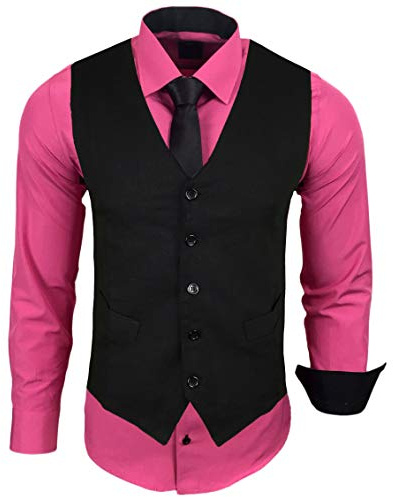 Baxboy Herren Hemd mit Weste Krawatte Anzugs Sakko Business Hochzeit Freizeit Hemden Frack Herrenweste Set wählbar B-44-HWKR, Farbe:Pink, Größe:4XL
