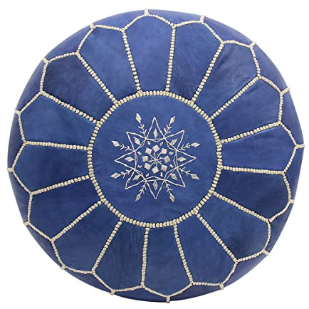 ESSENCE OF MOROCCO Marokkanischer Pouff, Fußstütze, Fußhocker, echtes Leder, handgefertigt, handgenäht mit gesticktem Marrakech-Design (nur Bezug)