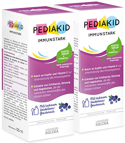 PEDIAKID - IMMUNSTARK Sirup - Natürliche Nahrungsergänzung - Exklusive Formel mit Agavensirup - Hilft, die natürlichen Abwehrkräfte des Körpers zu unterstützen - Heidelbeergeschmack - 2er Packung