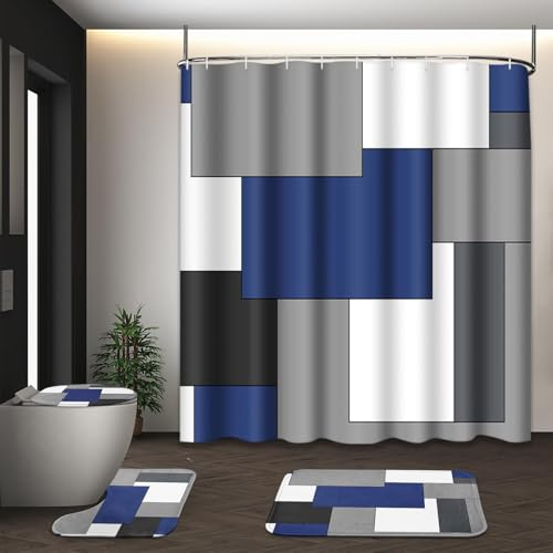 Tayney Ensemble de rideau de douche à motif géométrique bleu marine, housse d'abattant de toilette et tapis antidérapants pour salle de bain, rideau de douche à carreaux noirs blancs et gris, ensemble